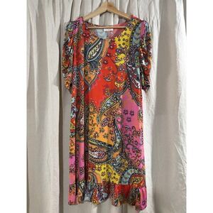 Ivy Lane Paisley Print Ruffle Hem Shift Dress Orange Pink Boho Stretch M L